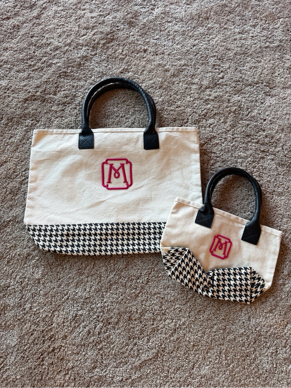New Canvas Tote Bag with Houndstooth Trim and Pink Monogram M set of 2.